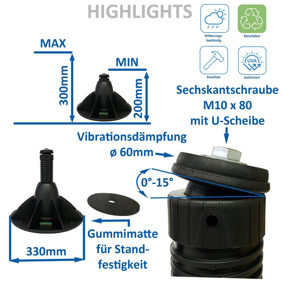 4er Set GENIUS 1200R Standfuß VRF/Wärmepumpe/Klimaanlage - Höhe 200-300mm & Neigung 0-15° verstellbar, Farbe: Schwarz (11105405)