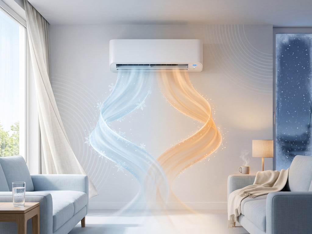 RheinCool Split-Klimaanlage an der Wand eines hellen Wohnraums – kühl im Sommer, warm im Winter