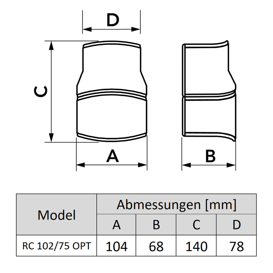 Kanalreduzierung von 102 auf 75, (RC 102/75 - OPT), weiß