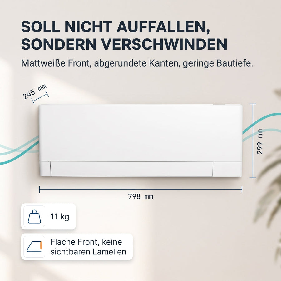 Mattweiße Front, geringe Bautiefe: 798 × 299 × 245 mm, 11 kg