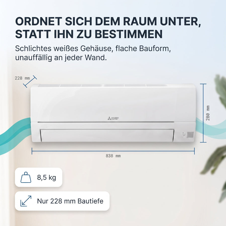 Schlichtes weißes Gehäuse: 838 × 280 × 228 mm, 8,5 kg