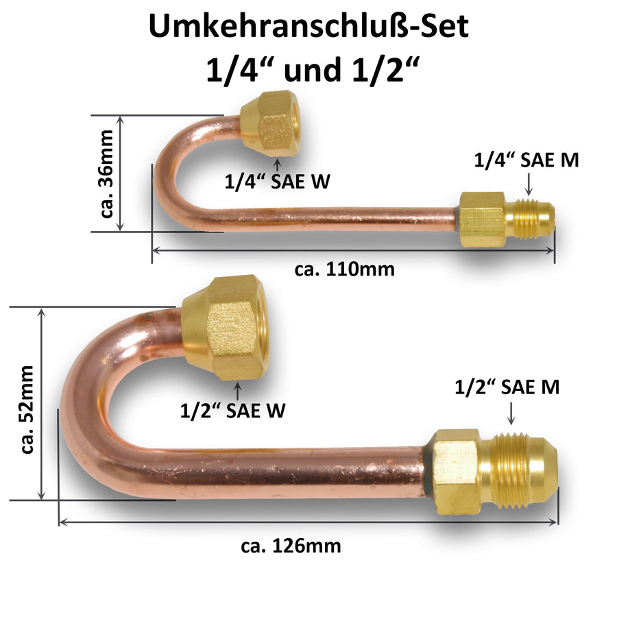 Umkehranschluss / Umkehrbogen M1/4" auf F1/4" und M1/2" auf F1/2" für Splitklimaanlagen mit falsch vorinstallierten Rohrleitungen