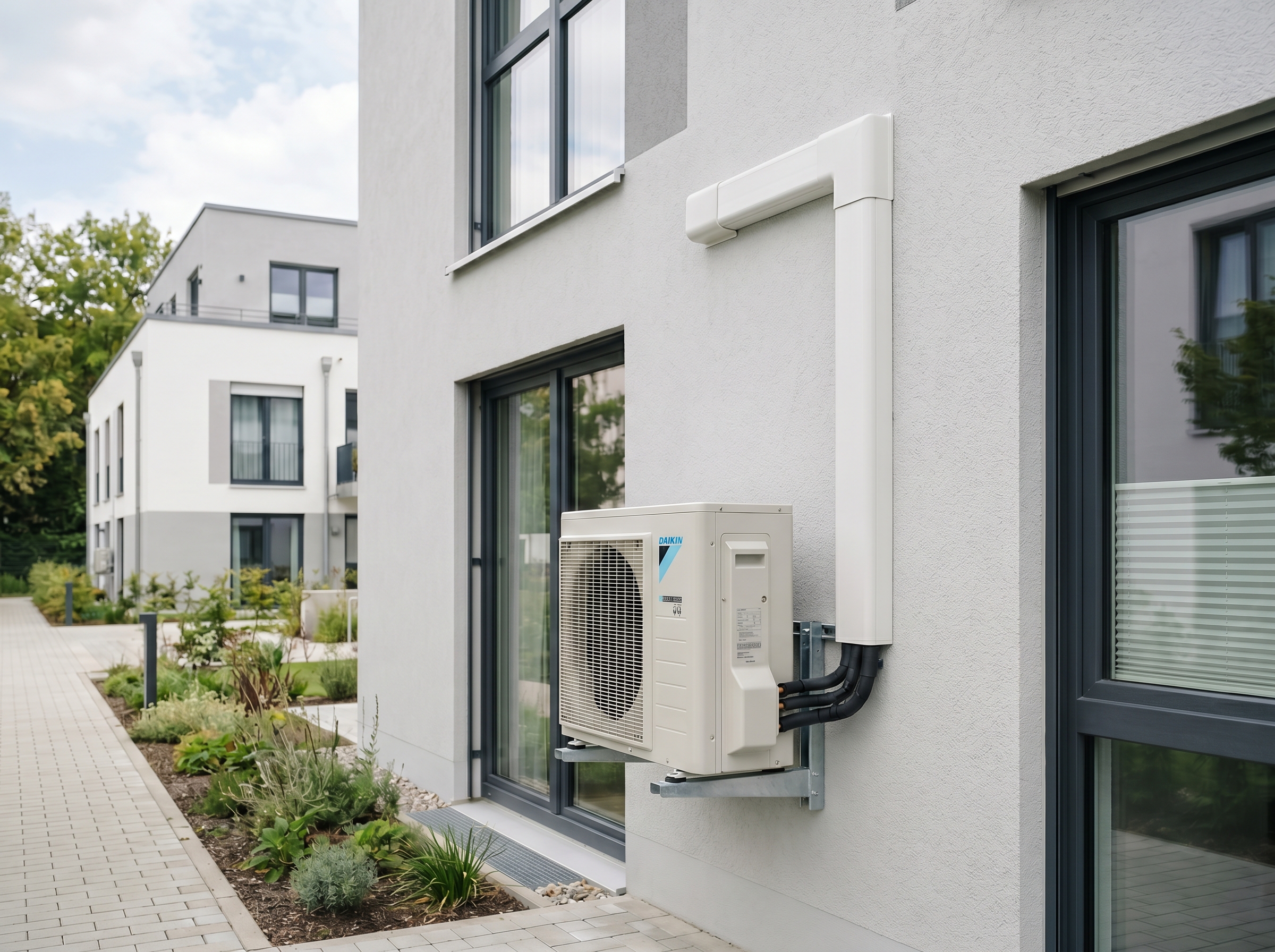 Montagebild: Daikin-Außeneinheit an der Fassade eines Wohnhauses