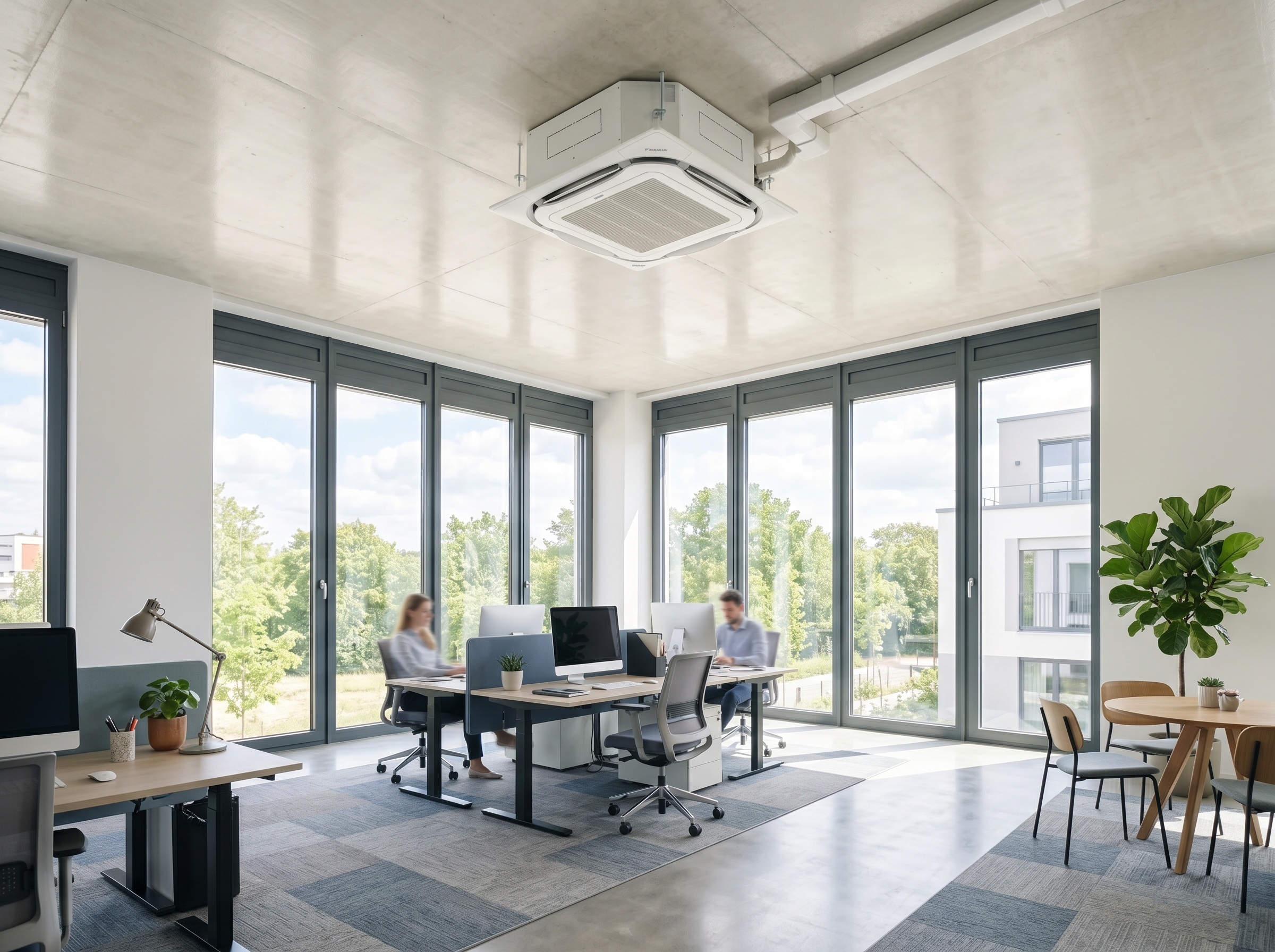 Montagebild: Daikin-Deckenkassette in einem hellen Büro