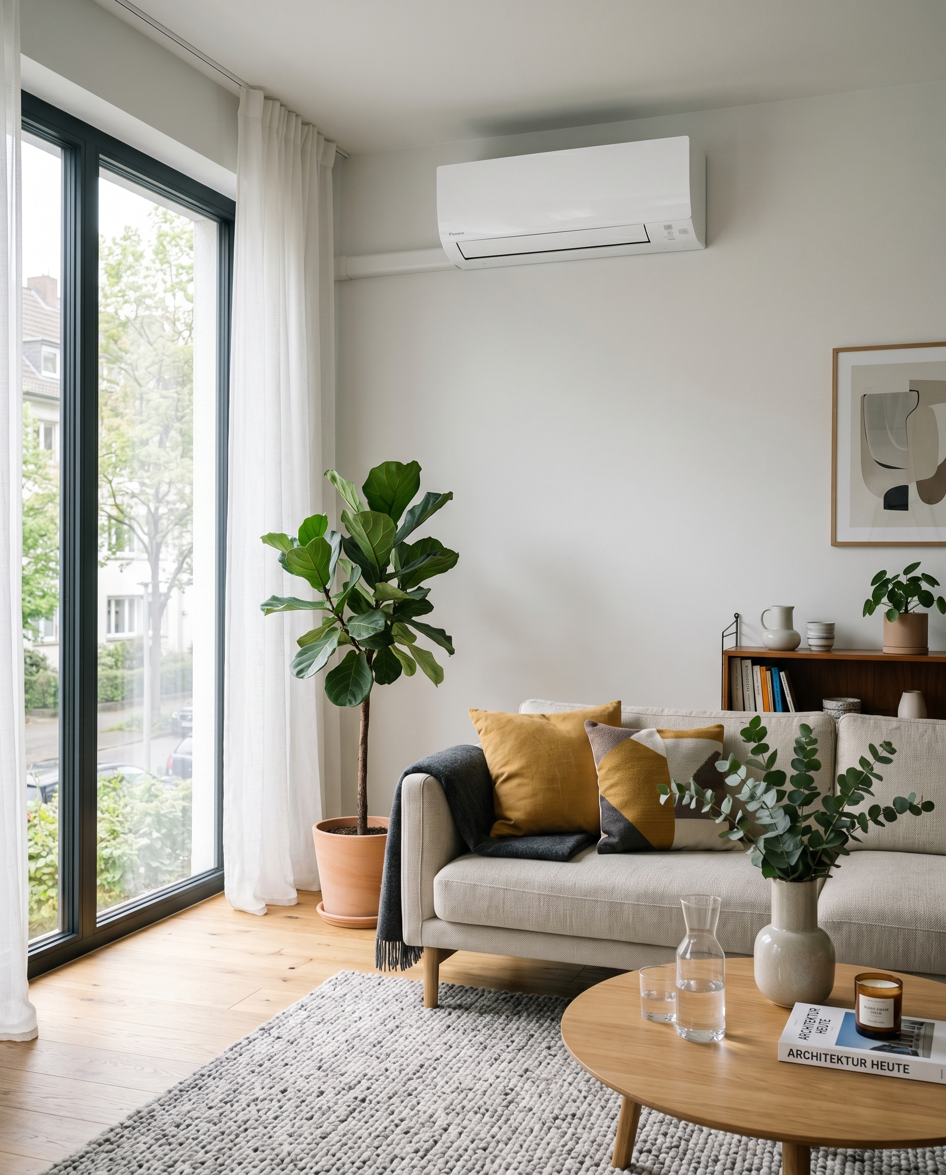 Moderne Split-Klimaanlage in einem hellen Wohnraum in Düsseldorf