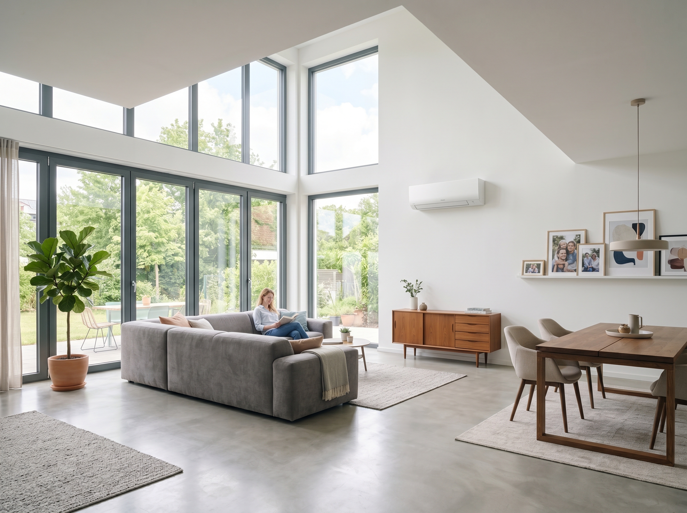 Montagebild: Split-Klimaanlage im offenen Wohnraum eines Einfamilienhauses