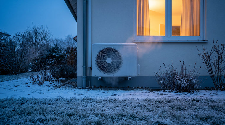 Außengerät an einer Hauswand im Winter, Raureif auf dem Rasen, dahinter ein warm erleuchtetes Fenster