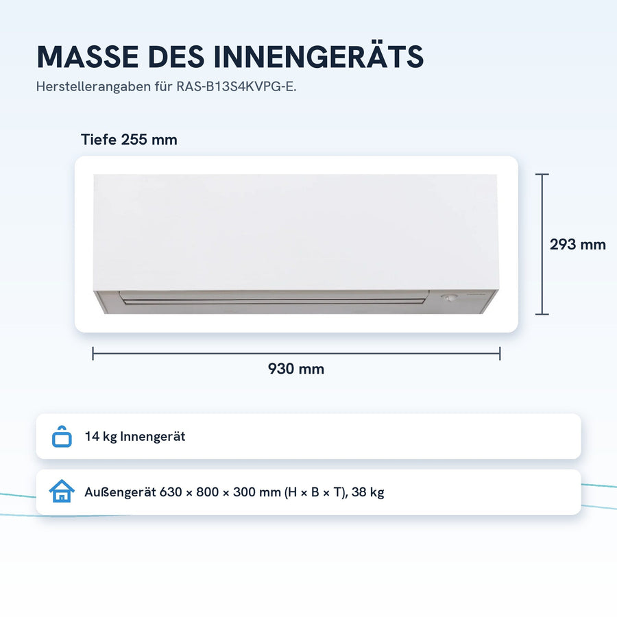 Maße Innengerät: 293 × 930 × 255 mm (H × B × T)