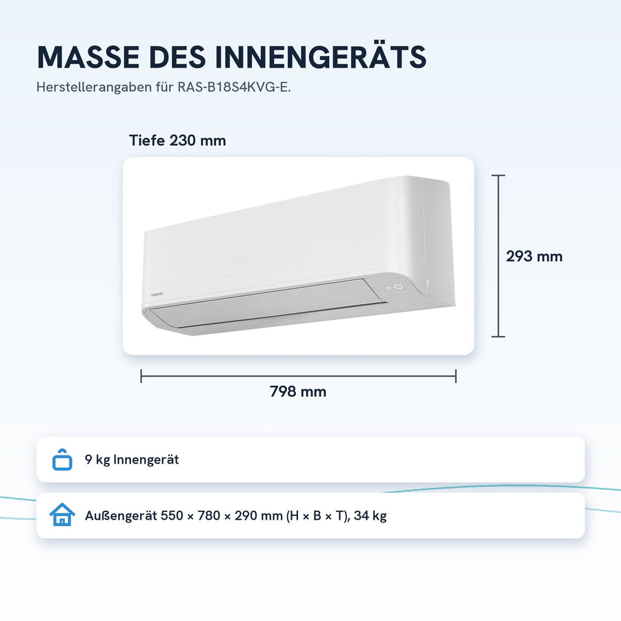 Maße Innengerät: 293 × 798 × 230 mm (H × B × T)