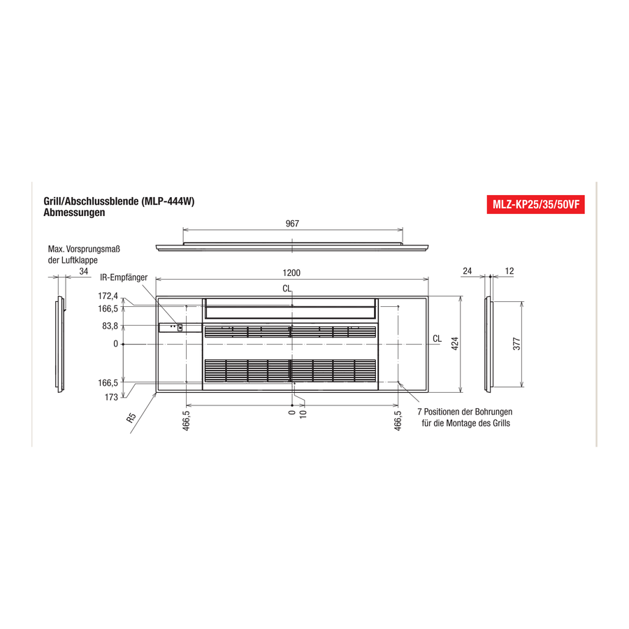 Maßzeichnung Mitsubishi Electric Blende MLP-444W (Planungshandbuch MLZ-KP)