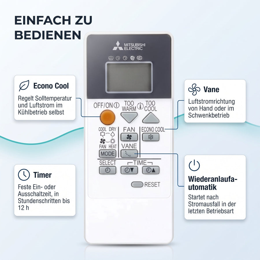 Einfach zu bedienen: Econo Cool, Vane, Timer, Wiederanlaufautomatik